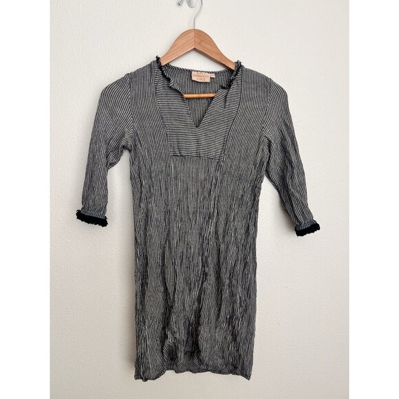 Rungolee Black White Striped Tunic Dress XS Textured Crinkle Boho Ruffle Beach - Picture 1 of 6